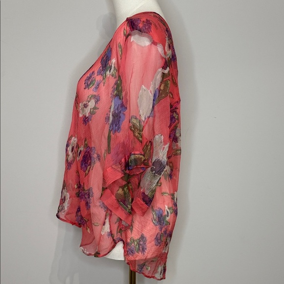 Free People Size SP Vibrant Floral Sheer Blouse V-neck 100% Viscose - Picture 5 of 8